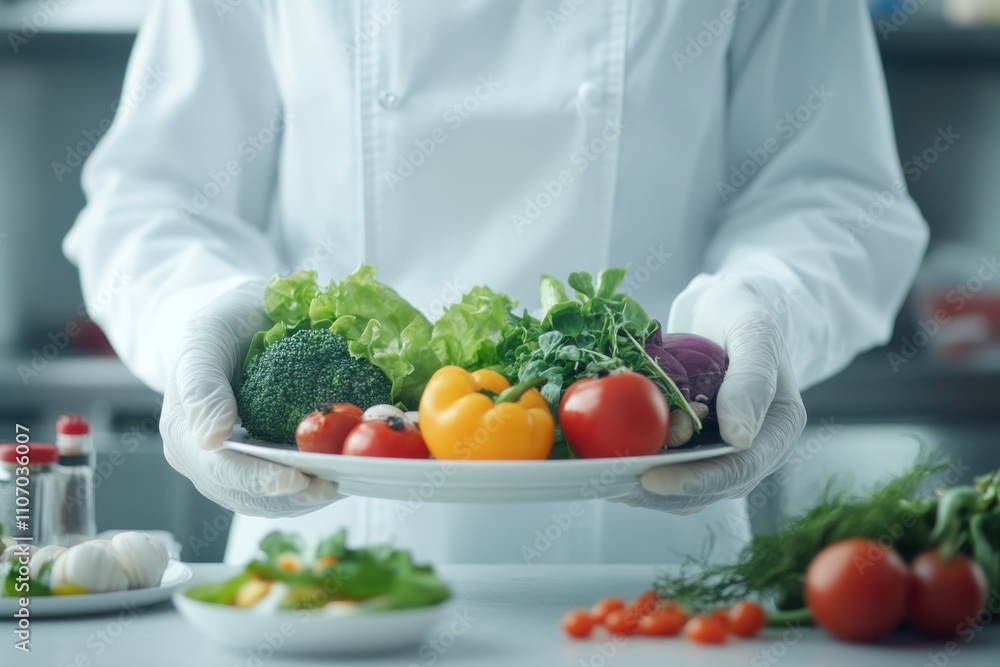 A chef presents a vibrant platter of fresh vegetables, showcasing an array of colors and textures in a professional kitchen setting. A chef presents a vibrant platter of fresh vegetables, showcasing an array of colors and textures in a professional kitchen setting.