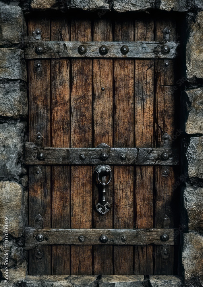 Wooden door with wrought iron details in stone wall 11 Wooden door with wrought iron details in stone wall 11