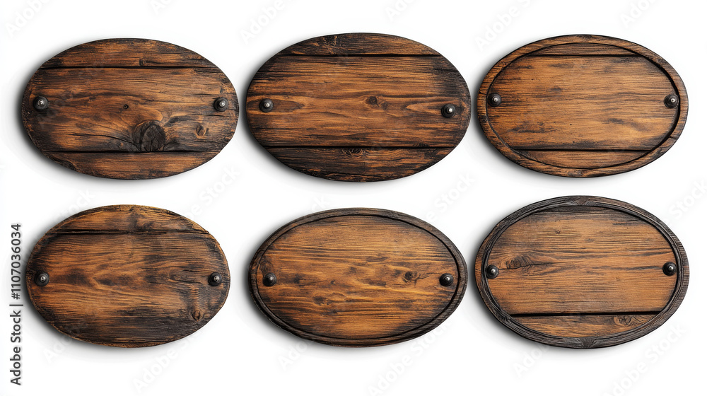 Wood texture sign board vector realistic banner set. Isolated rustic farm or saloon frame design. Empty signboard plaque template with nail, collection for menu or message. Brown oval signage Wood texture sign board vector realistic banner set. Isolated rustic farm or saloon frame design. Empty signboard plaque template with nail, collection for menu or message. Brown oval signage