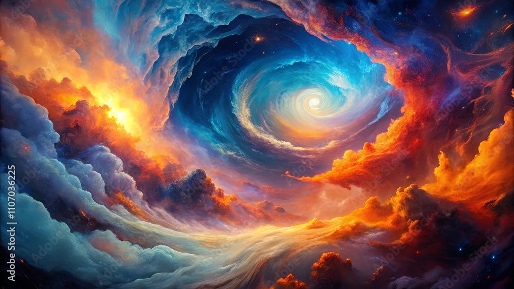 A swirling vortex of vibrant celestial cloudscapes, fiery oranges and deep blues merging in a cosmic ballet of light and shadow A swirling vortex of vibrant celestial cloudscapes, fiery oranges and deep blues merging in a cosmic ballet of light and shadow