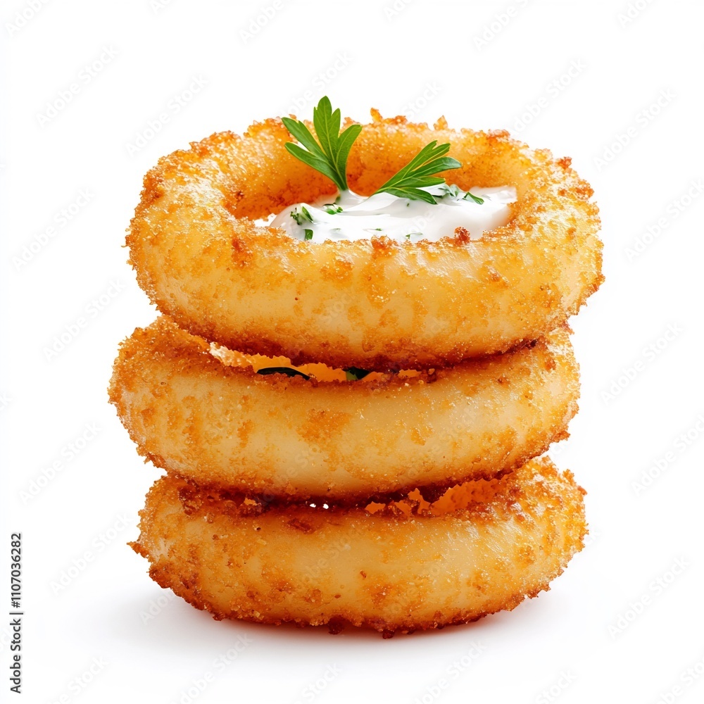 Macro Side Dish of Crispy Fried Onion Rings on White Background Macro Side Dish of Crispy Fried Onion Rings on White Background