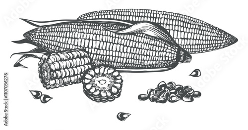 Composition with whole corn cobs with leaves, pieces and kernels lying on the table. Old drawing in retro engraving style. Hand drawn realistic sketch with ink. Popcorn line drawing for baking.