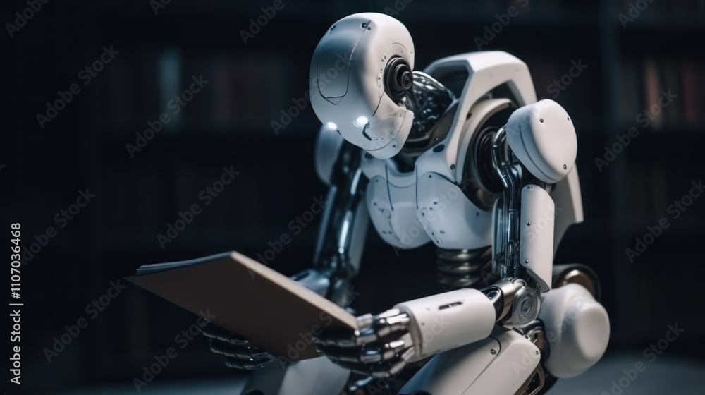 Fototapeta premium A Robot Reading in a Library: Exploring Artificial Intelligence and Knowledge
