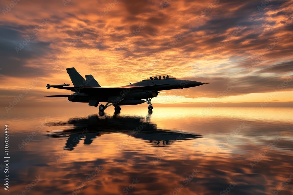 Fototapeta premium Majestic Military Jet Silhouette Against a Stunning Sunset Reflected on a Calm Water Surface, Evoking Power and Grace in a Sky Full of Colors