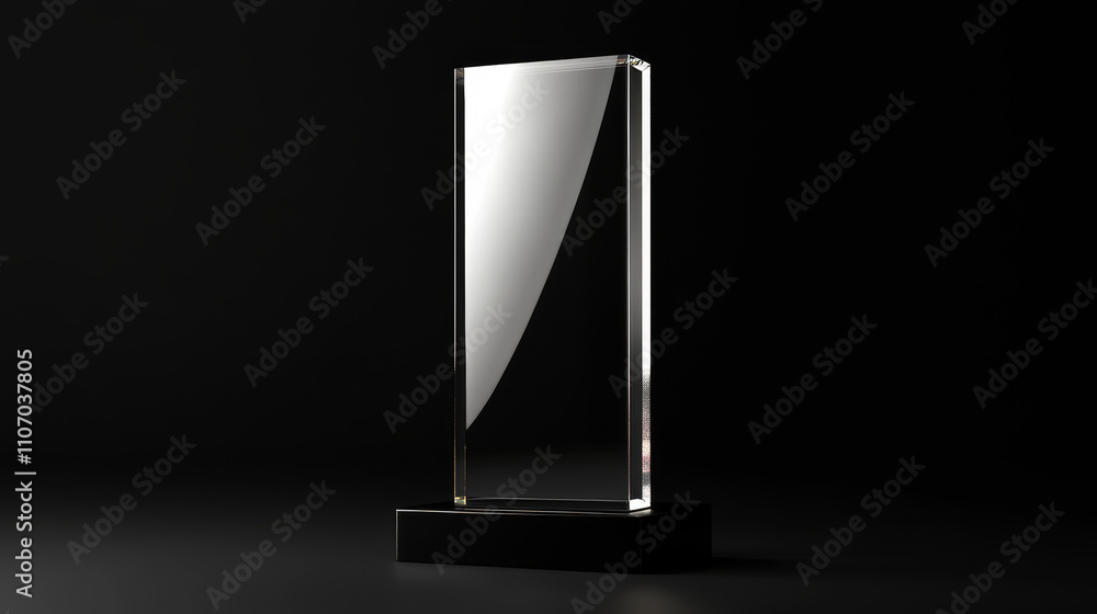 Glass award trophy or winner prize realistic vector illustration. Transparent crystal plate or blank acrylic frame on black marble pedestal, isolared front view with light and shadow Glass award trophy or winner prize realistic vector illustration. Transparent crystal plate or blank acrylic frame on black marble pedestal, isolared front view with light and shadow