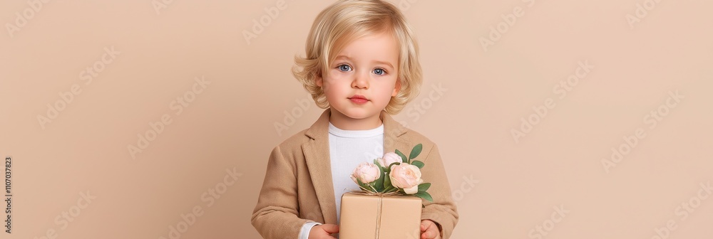 Fototapeta premium A young child is holding a gift box with a flower in it. The child is wearing a brown jacket and a white shirt. Concept of warmth and happiness, as the child is excited to give the gift to someone