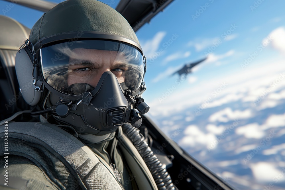 Portrait of a Fighter Pilot in Cockpit, Focused, Ready for Action, Dynamic Sky Background, Military Aviation, High-Altitude Flight Experience Portrait of a Fighter Pilot in Cockpit, Focused, Ready for Action, Dynamic Sky Background, Military Aviation, High-Altitude Flight Experience