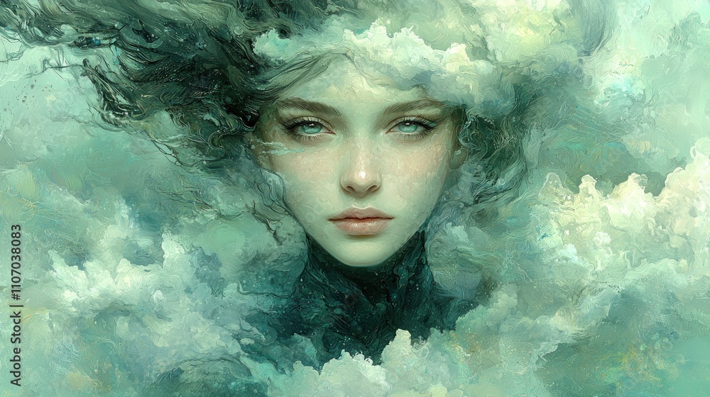 A Woman's Face Emerging from a Swirling Green and White Abstract Background A Woman's Face Emerging from a Swirling Green and White Abstract Background