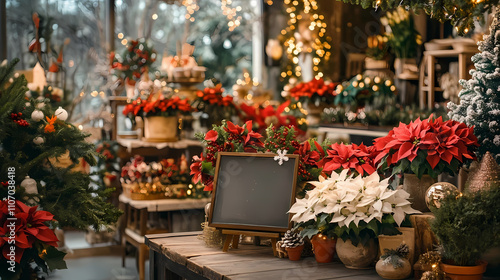 Festive flower shop decorated for holidays with poinsettias and blank chalkboard