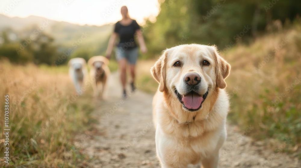 family siblings values concept. A happy dog walks along a trail with its owner and other dogs in a scenic outdoor setting.