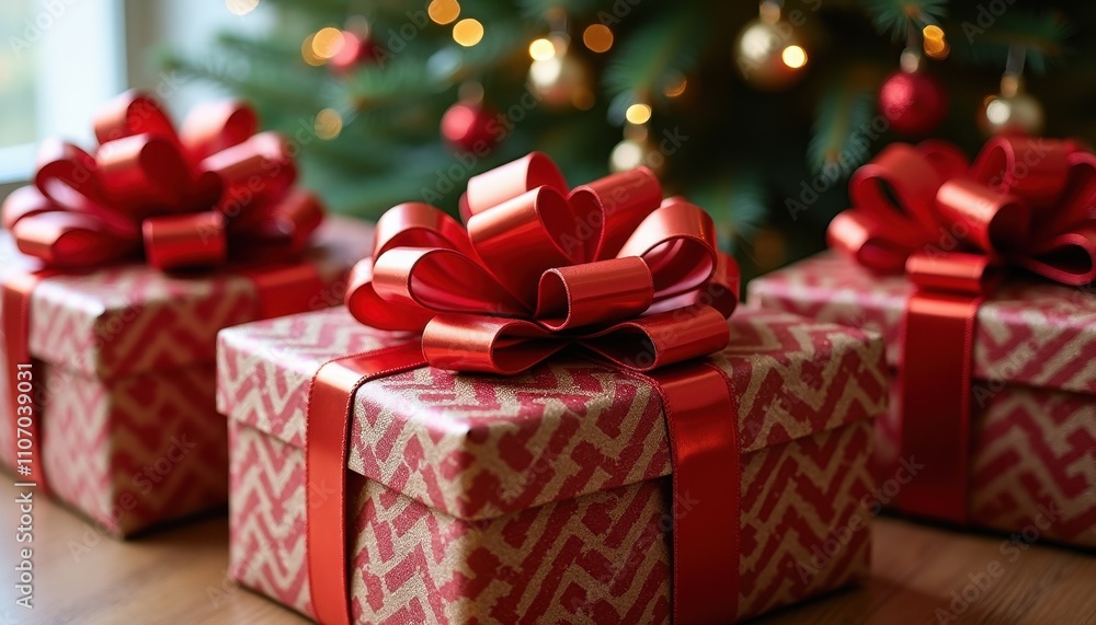 Stylish presents with modern wrapping designs surrounded by ornaments and greenery. Stylish presents with modern wrapping designs surrounded by ornaments and greenery.