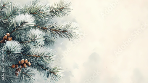 Snowy pine branches and cones on soft background with copy space for winter design