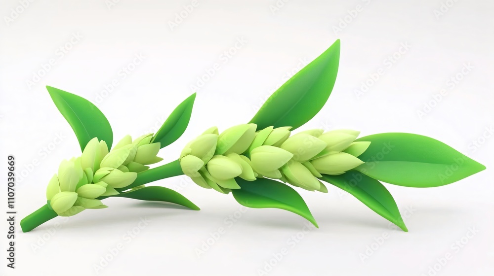 Fototapeta premium Close-Up of Lush Green Plant with Delicate Flowers and Vibrant Leaves on a Clean White Background