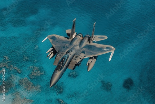 Aerial View of an F-15 Fighter Jet Flying Over Crystal Clear Turquoise Waters with Coral Reefs, Highlighting Precision Engineering and Aviation Mastery in Defense Technology photo