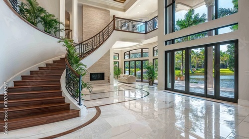 Modern Interior with Curved Staircase, Stone Wall, and Large Windows Overlooking a Waterway