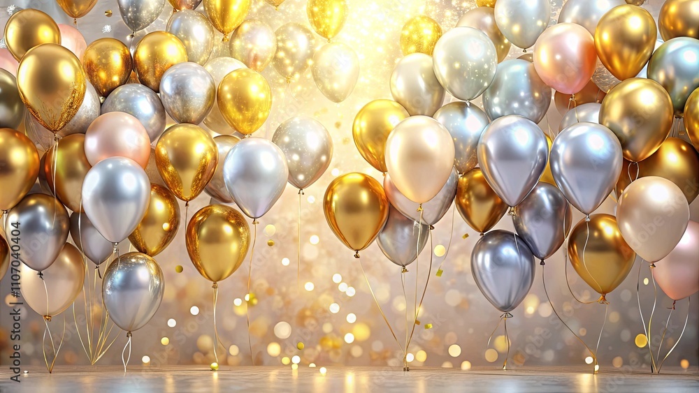 A celebratory array of metallic gold and silver balloons against a shimmering background.