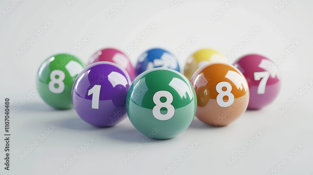 Bingo lottery balls with numbers from one to eight. Vector realistic set of 3d color balls for lotto keno game or billiard. Glossy spheres for casino gambling and snooker isolated on white background Bingo lottery balls with numbers from one to eight. Vector realistic set of 3d color balls for lotto keno game or billiard. Glossy spheres for casino gambling and snooker isolated on white background