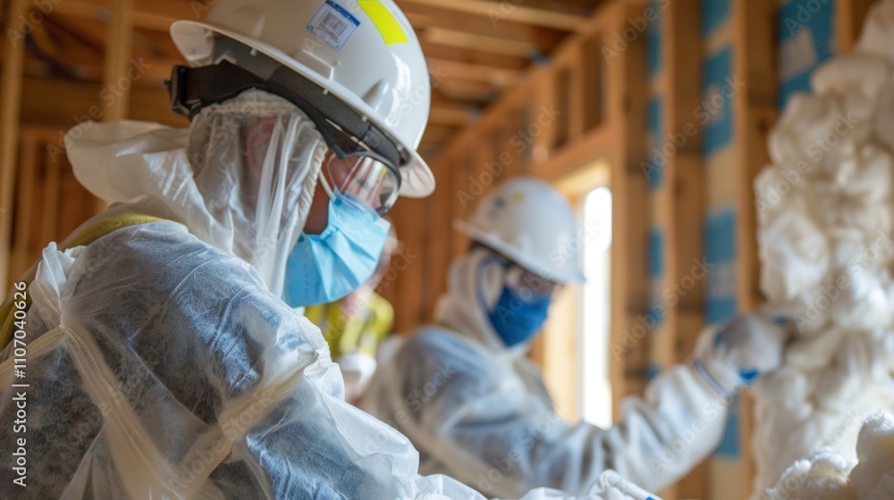 Workers using protective gear and masks to handle the insulation safely during installation. Workers using protective gear and masks to handle the insulation safely during installation.