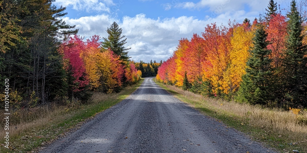 Fototapeta premium A Winding Gravel Road Through a Forest of Vibrant Autumn Colors