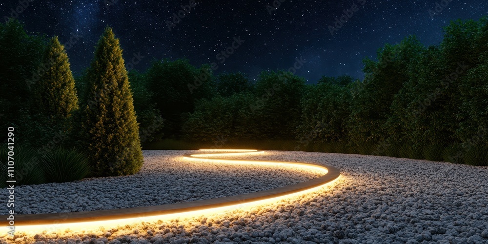 Fototapeta premium Creative Spiral Light Design Illuminating an Outdoor Decor Pathway with Enchanting Glow and Ambiance