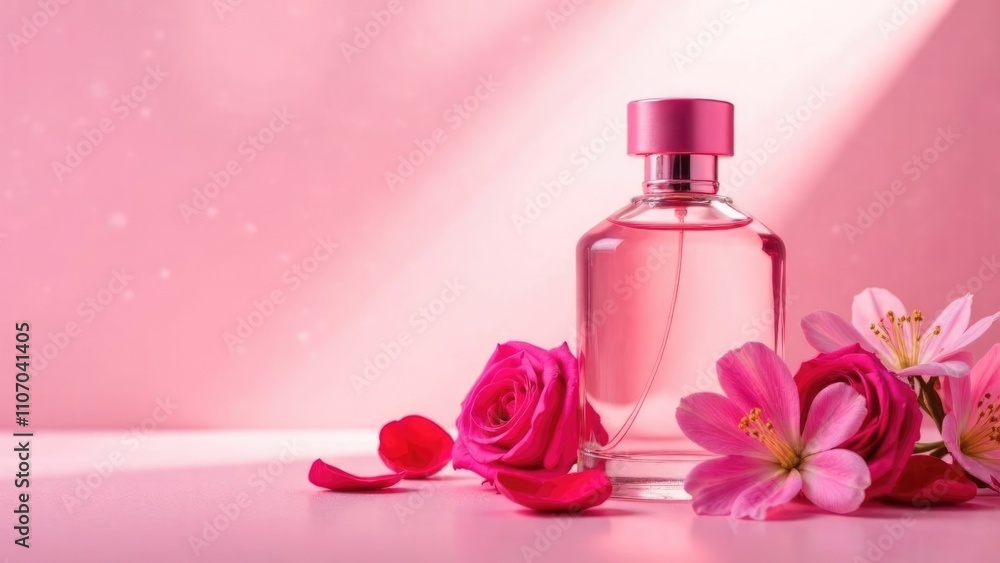 horizontal banner,elegant pink bottle of women's perfume,red roses,free space for text horizontal banner,elegant pink bottle of women's perfume,red roses,free space for text
