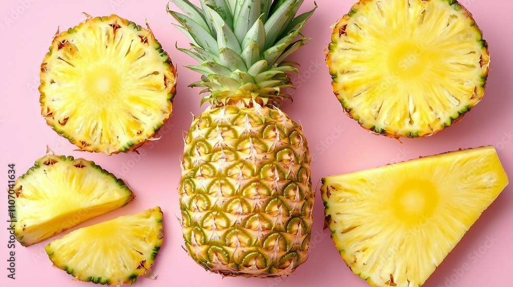 Fresh and Juicy Pineapple Slices on a Pink Background Fresh and Juicy Pineapple Slices on a Pink Background