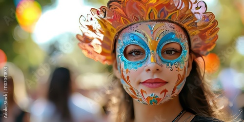 A person wearing a decorative mask themed for Labor Day while participating in a community event. photo