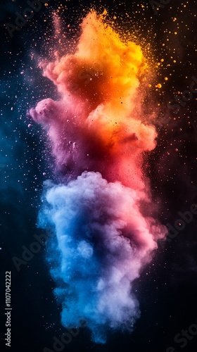 A vibrant explosion of colorful smoke against a dark background, creating a dynamic visual effect.