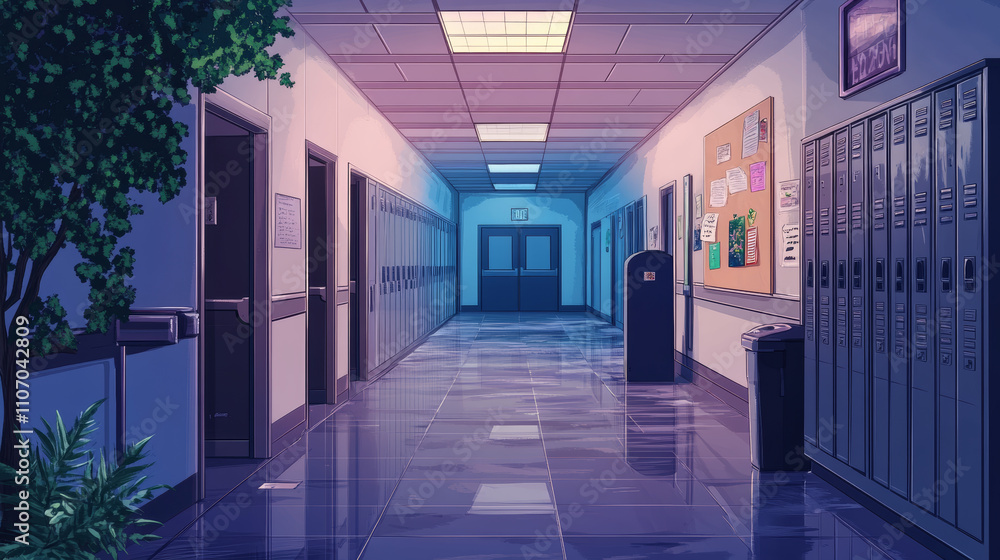 School hallway interior at night. Vector cartoon illustration of empty dark corridor with metal lockers, drinking water dispenser, announcement board on wall, waste bin, flower pots, classroom doors School hallway interior at night. Vector cartoon illustration of empty dark corridor with metal lockers, drinking water dispenser, announcement board on wall, waste bin, flower pots, classroom doors