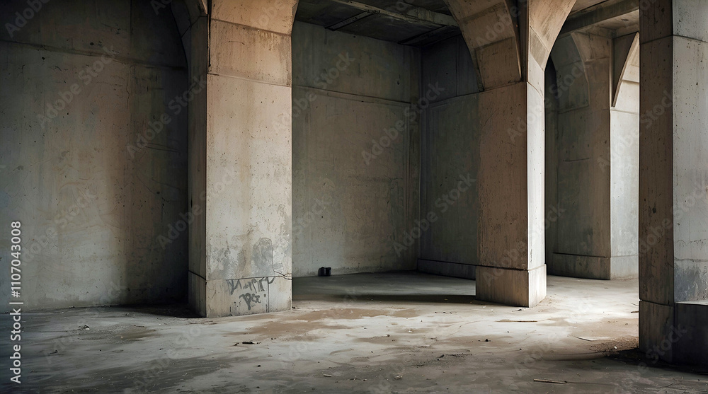 Fototapeta premium Spacious Industrial Room With Massive Concrete Pillars And Arched Supports Featuring Weathered Walls And A Dusty Floor In Subtle Lighting