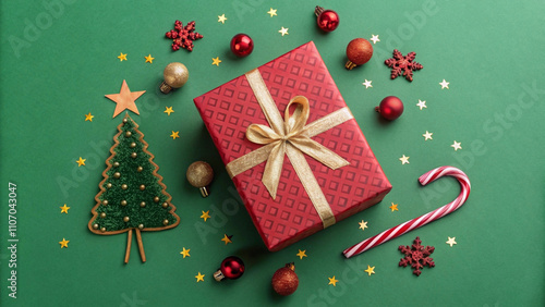 Flat lay of a red present with a golden bow on a tree-shaped green background, adorned with Christmas ornaments, pinecones, and sparkling stars