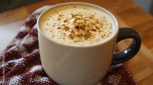 99. A creamy spiced eggnog served in a festive mug with nutmeg garnish