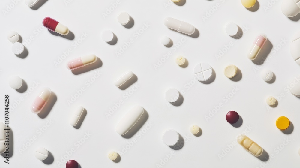 A close-up of various medication pills arranged on a white surface, highlighting different types of pharmaceuticals and their uses, Minimalist style A close-up of various medication pills arranged on a white surface, highlighting different types of pharmaceuticals and their uses, Minimalist style