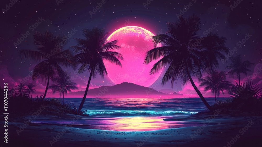 Tropical Beach at Night with a Large Pink Moon and Silhouetted Palm Trees Tropical Beach at Night with a Large Pink Moon and Silhouetted Palm Trees