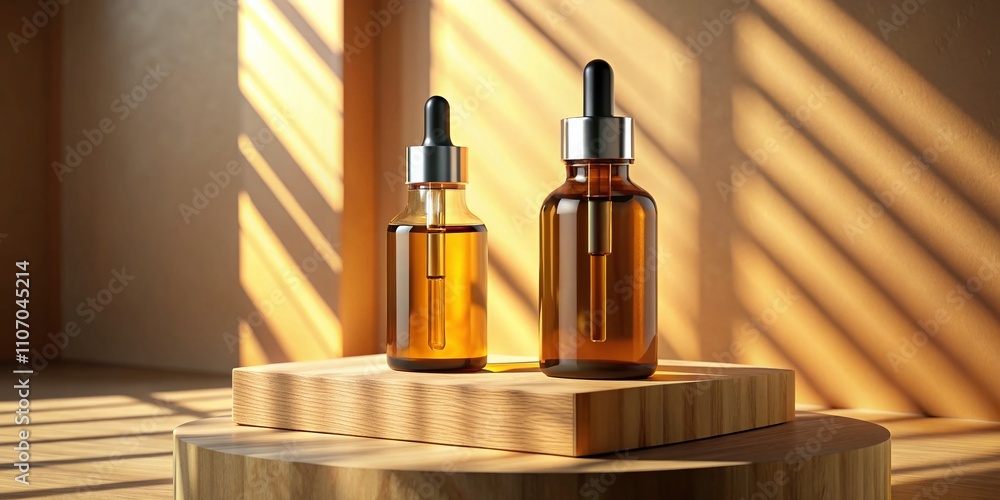 Glass Dropper Bottles Mockup on Geometric Wooden Podium - High Depth of Field Glass Dropper Bottles Mockup on Geometric Wooden Podium - High Depth of Field