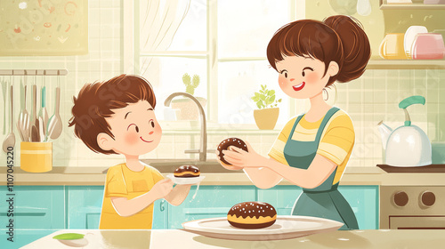 Mom clean house kitchen. Kid eat donut vector. Mother character wash home near son with chocolate doughnut. Happy housecleaning and chore scene. Domestic responsibility in interior design illustration