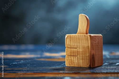 Wooden Thumbs Up Symbol on a Dark Blue Table: A Positive and Approving Gesture