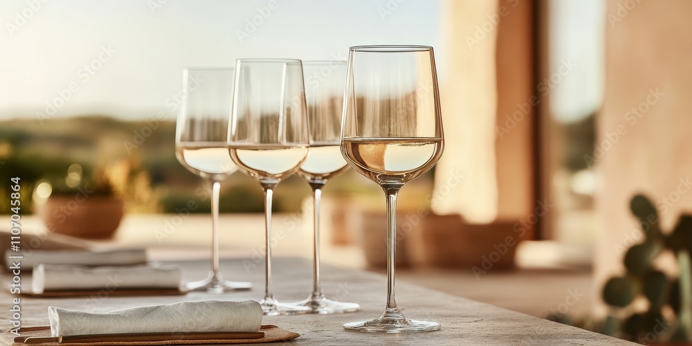 Elegant glassware set on a natural stone table, showcasing a sustainable and rich profile for stylish dining. Elegant glassware set on a natural stone table, showcasing a sustainable and rich profile for stylish dining.