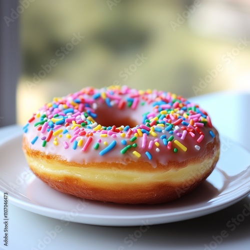 A glazed donut on a white plate, topped with colorful sprinkles, looks utterly irresistible.