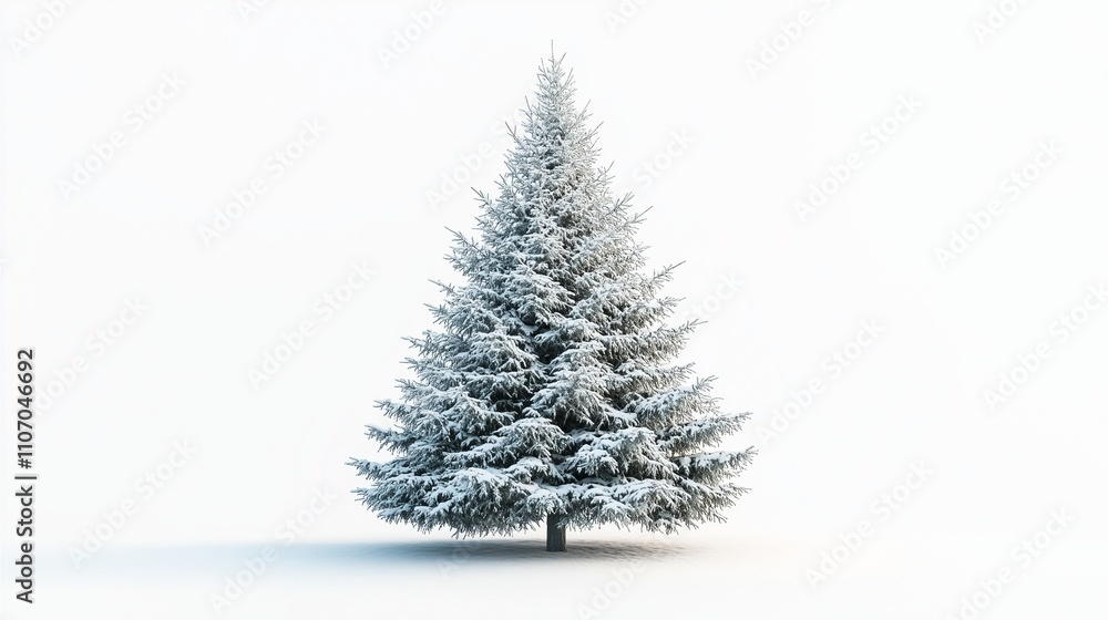 Snow-covered Christmas tree decorated for the holiday season with festive ornaments and a star on top Snow-covered Christmas tree decorated for the holiday season with festive ornaments and a star on top