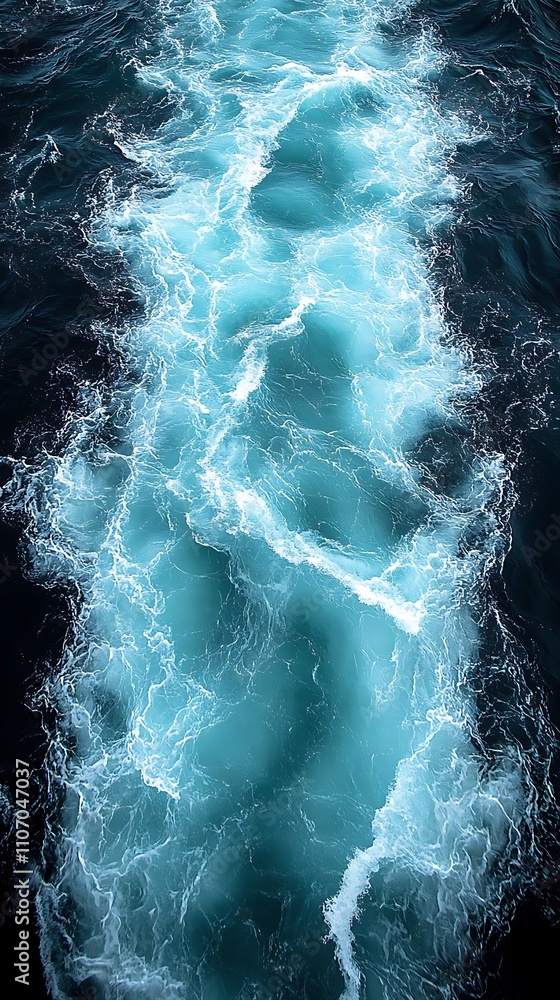 Aerial view of turquoise ocean water churning in the wake of a vessel. Aerial view of turquoise ocean water churning in the wake of a vessel.