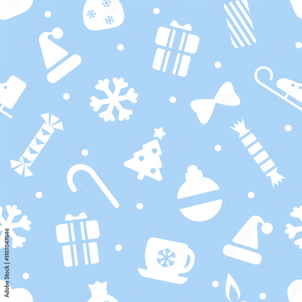 Holiday background, seamless pattern with Christmas ornament. Christmas pattern with baubles. Pattern, candy, snowflake, gift box, gift bag, candle. Vector illustration, gift wrap textile decorations Holiday background, seamless pattern with Christmas ornament. Christmas pattern with baubles. Pattern, candy, snowflake, gift box, gift bag, candle. Vector illustration, gift wrap textile decorations