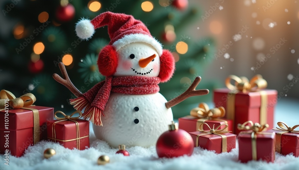 Festive snowman wearing earmuffs and a scarf surrounded by gifts and holiday cheer. Festive snowman wearing earmuffs and a scarf surrounded by gifts and holiday cheer.