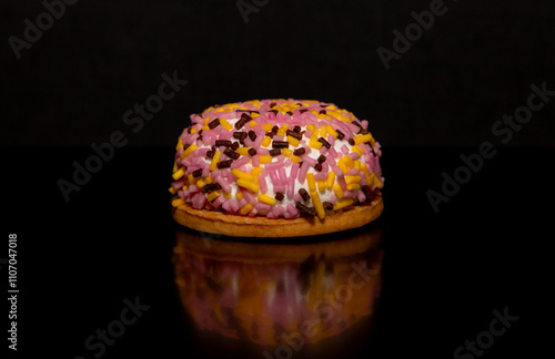 Close-up of a Marshmallow, a doughnut covered with colorful sprinkles on a black background photo