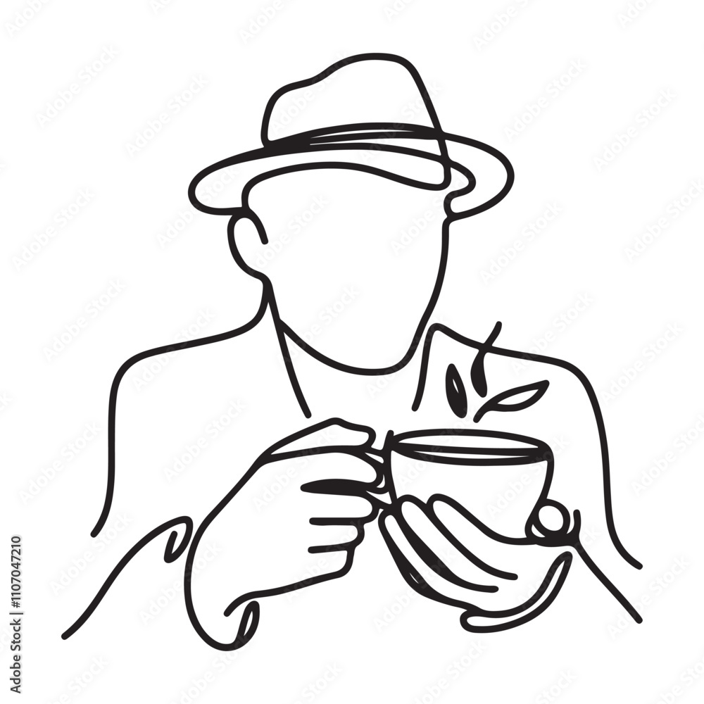 One continuous single drawing black line art doodle of a person holding a cup of tea, illustration on white background One continuous single drawing black line art doodle of a person holding a cup of tea, illustration on white background