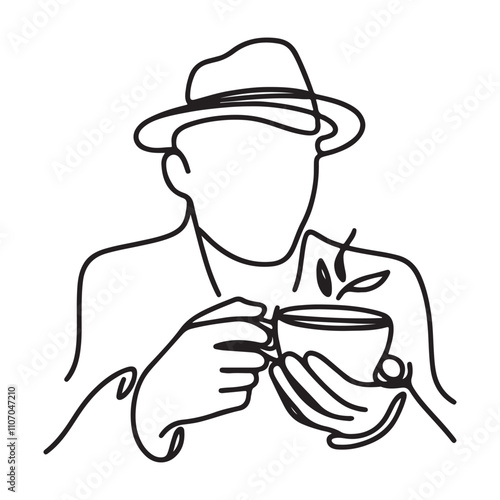 One continuous single drawing black line art doodle of a person holding a cup of tea, illustration on white background