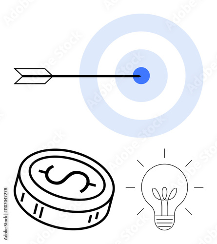 Arrow hitting bullseye on target, dollar coin, and light bulb symbolizing ideas. Ideal for business goals, success, finance, investment, innovation entrepreneurship and strategy. Line metaphor