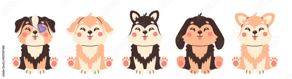Obraz premium Cute sitting dog set. Puppies collection. Animal in childish style. Childrens charactes.