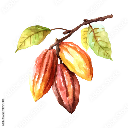 Watercolor Illustration of Cocoa Pods on a Branch with Leaves