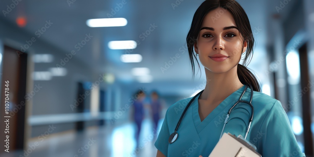 Obraz premium A professional nurse avatar wearing scrubs and holding medical equipment, set in a healthcare setting that represents compassion and care.